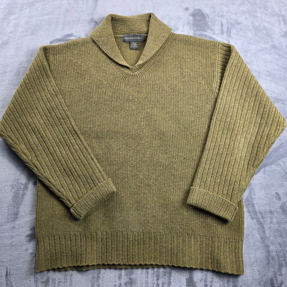 Banana Republic Sweater Mens Small Green Lambswool Shawl Collar Ribbed Knit